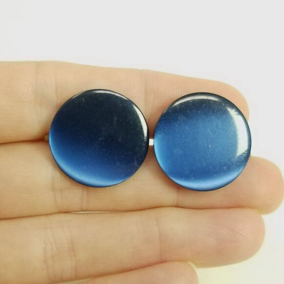 Vintage Dark Blue Lucite Plastic Disc Clip On Earrings, Round, Screw Backs - Picture 2 of 7